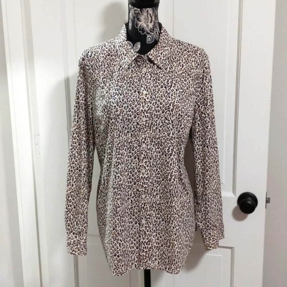 🐆Talbots🐆 - Black/Tan Leopard Print Classic Cotton L/S Button Down - Picture 2 of 11